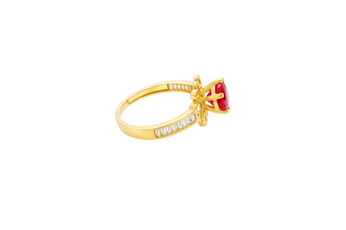 14KT Gold Ring Women's Round Red CZ Center Stone Open Flower Heart Petals with White CZ Baguette Stone Band