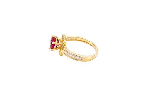 14KT Gold Ring Women's Round Red CZ Center Stone Open Flower Heart Petals with White CZ Baguette Stone Band