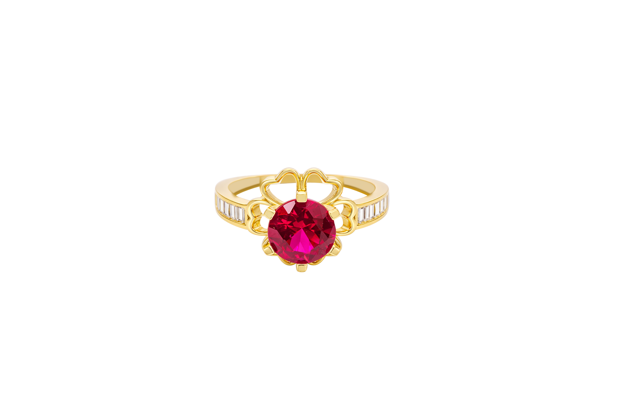 14KT Gold Ring Women's Round Red CZ Center Stone Open Flower Heart Petals with White CZ Baguette Stone Band