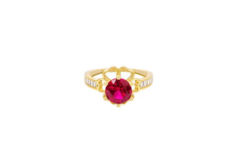 14KT Gold Ring Women's Round Red CZ Center Stone Open Flower Heart Petals with White CZ Baguette Stone Band