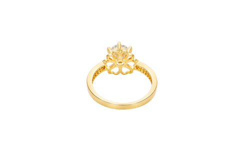 14KT Gold Ring Women's Round White CZ Center Stone Open Flower Heart Petals with White CZ Baguette Stone Band
