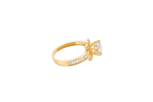 14KT Gold Ring Women's Round White CZ Center Stone Open Flower Heart Petals with White CZ Baguette Stone Band