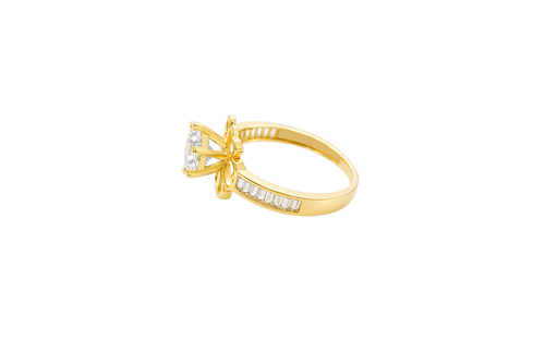 14KT Gold Ring Women's Round White CZ Center Stone Open Flower Heart Petals with White CZ Baguette Stone Band