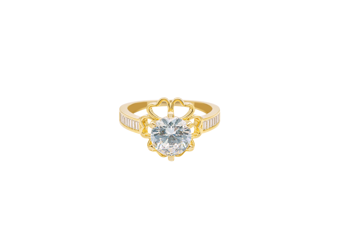 14KT Gold Ring Women's Round White CZ Center Stone Open Flower Heart Petals with White CZ Baguette Stone Band