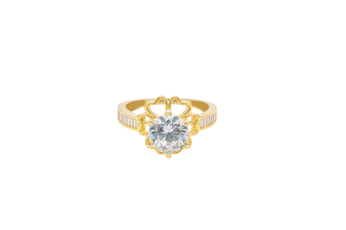 14KT Gold Ring Women's Round White CZ Center Stone Open Flower Heart Petals with White CZ Baguette Stone Band