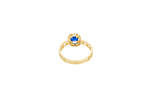 14KT Gold Ring Women's Round Royal Blue Center Stone with White CZ Stone Border and Chino Band