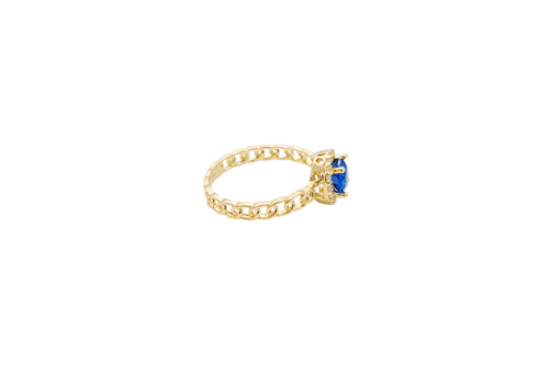 14KT Gold Ring Women's Round Royal Blue Center Stone with White CZ Stone Border and Chino Band