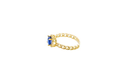 14KT Gold Ring Women's Round Royal Blue Center Stone with White CZ Stone Border and Chino Band