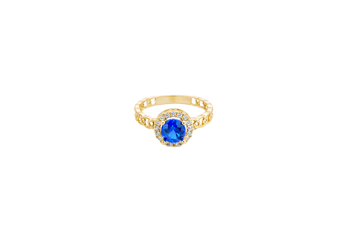 14KT Gold Ring Women's Round Royal Blue Center Stone with White CZ Stone Border and Chino Band