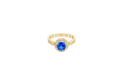 14KT Gold Ring Women's Round Royal Blue Center Stone with White CZ Stone Border and Chino Band