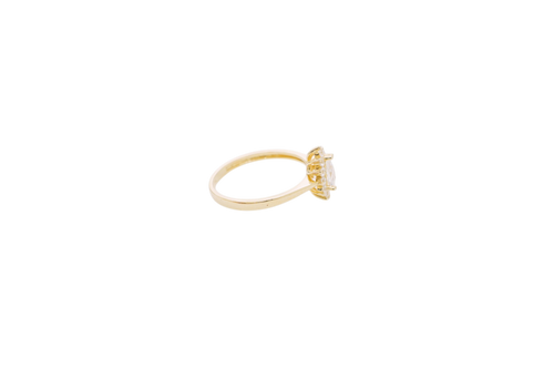 14KT Women's Gold Ring Flower Pear White Center Stone with White CZ Stone Petals Border Plain Band (check for duplicate)