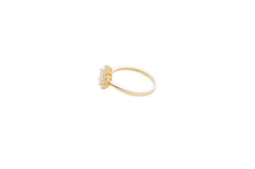 14KT Women's Gold Ring Flower Pear White Center Stone with White CZ Stone Petals Border Plain Band (check for duplicate)