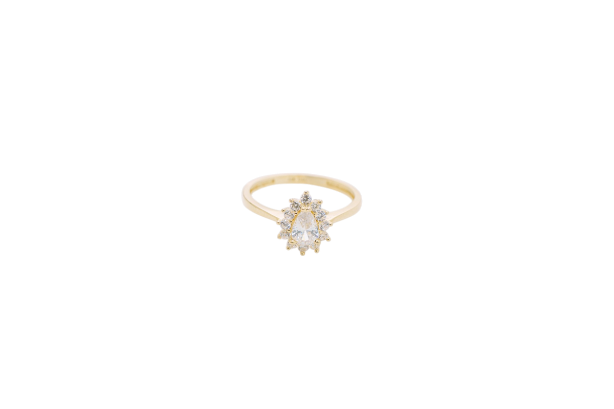 14KT Women's Gold Ring Flower Pear White Center Stone with White CZ Stone Petals Border Plain Band (check for duplicate)
