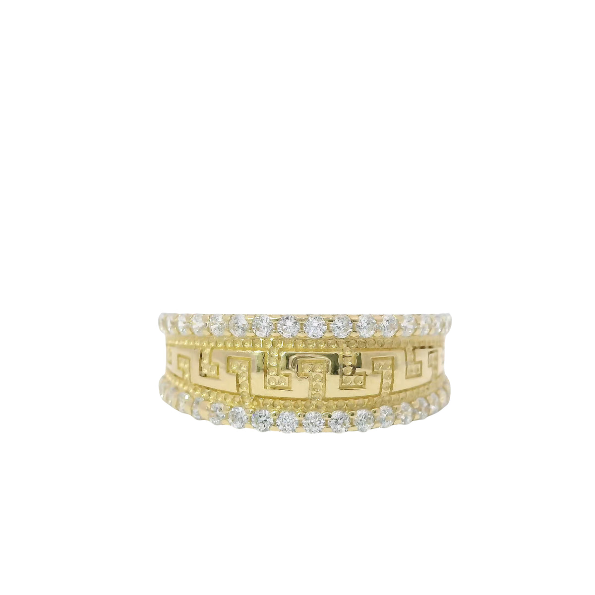 14KT Gold Ring Women's Mini Greek Center with White CZ Stones Top and Lower Borders Band