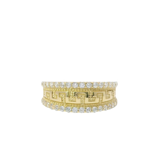 14KT Gold Ring Women's Mini Greek Center with White CZ Stones Top and Lower Borders Band