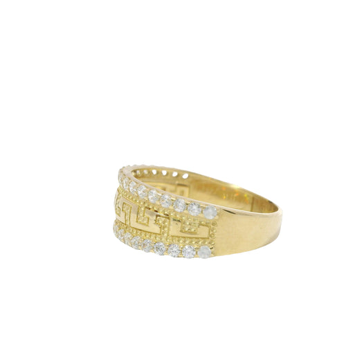 14KT Gold Ring Women's Mini Greek Center with White CZ Stones Top and Lower Borders Band