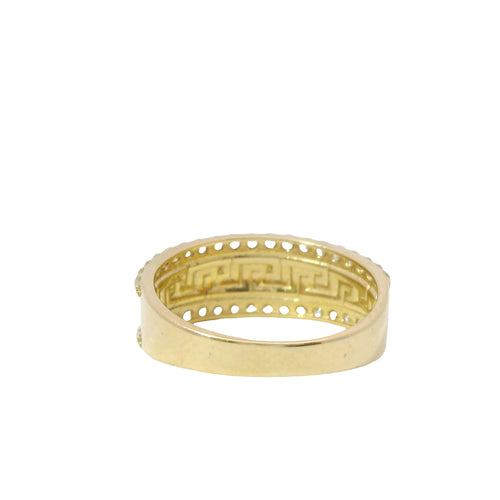 14KT Gold Ring Women's Mini Greek Center with White CZ Stones Top and Lower Borders Band