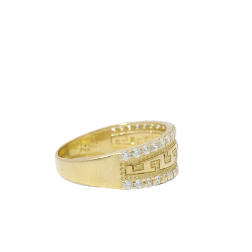 14KT Gold Ring Women's Mini Greek Center with White CZ Stones Top and Lower Borders Band