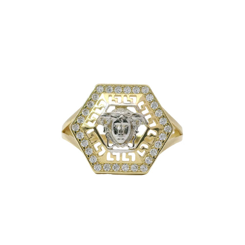 14KT Gold Ring Women's Two Tone Hexagon Medusa Head Greek Border Coin with White CZ Stone Background and Plain Band