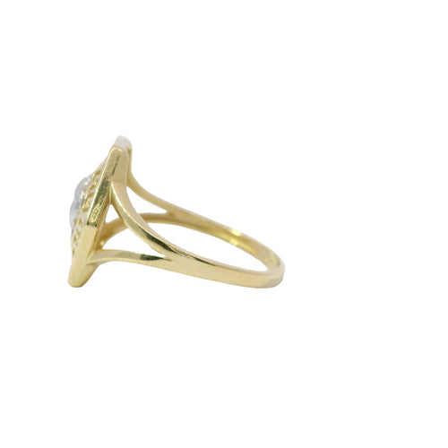 14KT Gold Ring Women's Two Tone Hexagon Medusa Head Greek Border Coin with White CZ Stone Background and Plain Band