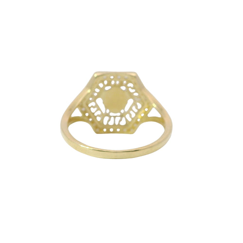 14KT Gold Ring Women's Two Tone Hexagon Medusa Head Greek Border Coin with White CZ Stone Background and Plain Band