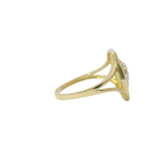 14KT Gold Ring Women's Two Tone Hexagon Medusa Head Greek Border Coin with White CZ Stone Background and Plain Band