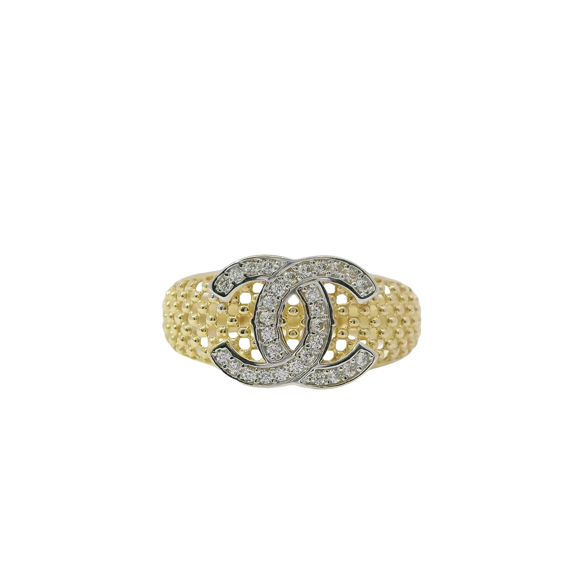 14KT Gold Ring Women's Two Tone White CZ Stone Honeycomb Lattice Band with Raised CC Cluster Center
