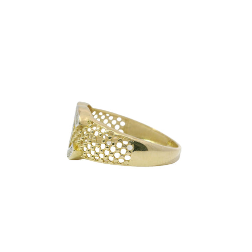 14KT Gold Ring Women's Two Tone White CZ Stone Honeycomb Lattice Band with Raised CC Cluster Center