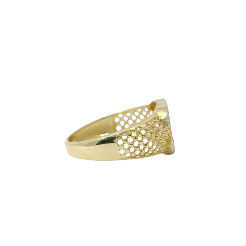 14KT Gold Ring Women's Two Tone White CZ Stone Honeycomb Lattice Band with Raised CC Cluster Center