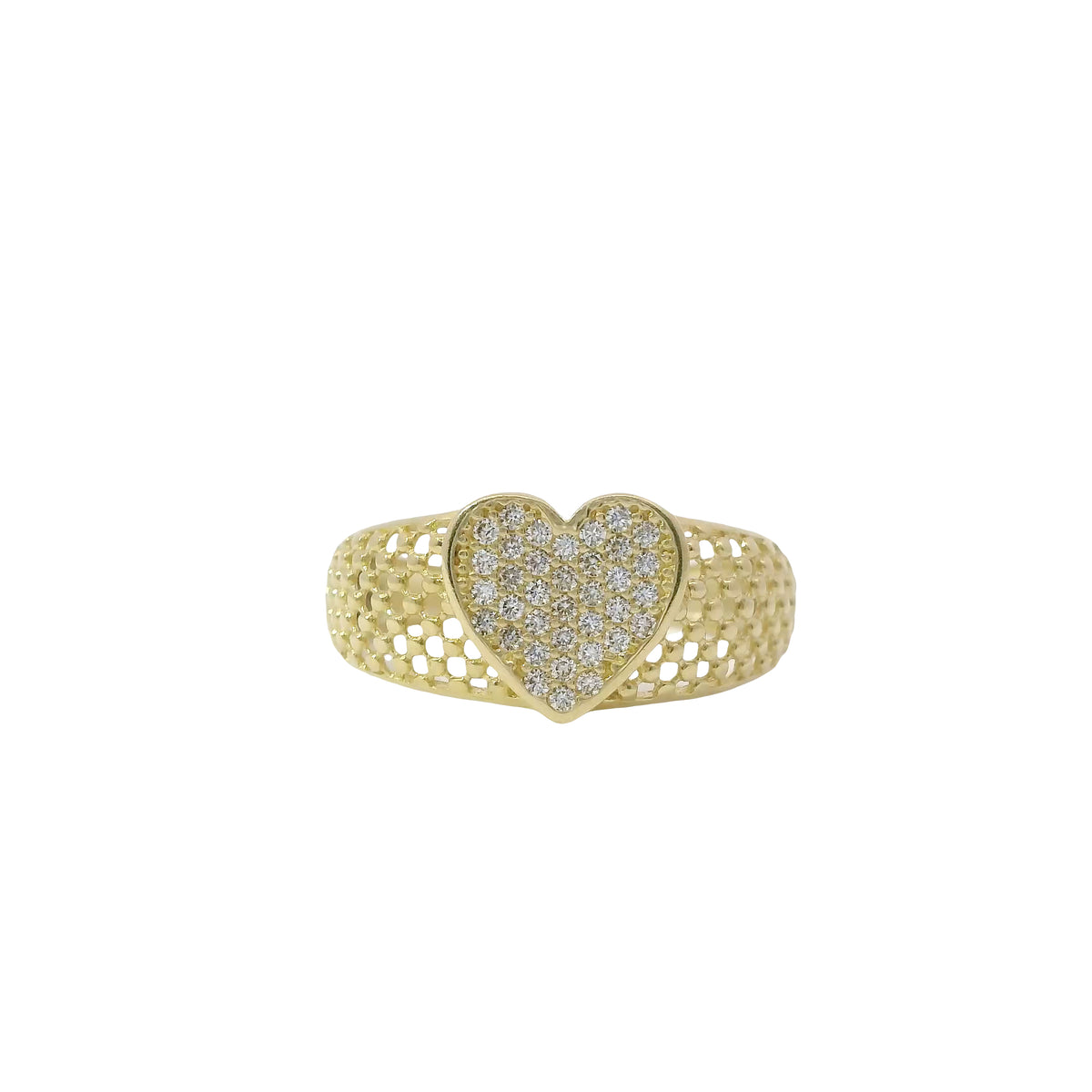 14KT Gold Ring Women's White CZ Stone Honeycomb Lattice Band with Raised Heart Cluster Center