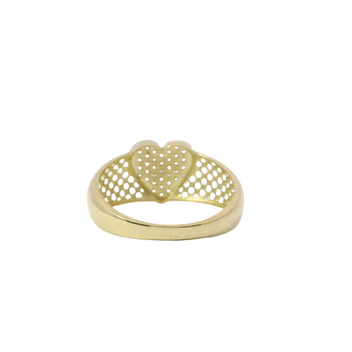 14KT Gold Ring Women's White CZ Stone Honeycomb Lattice Band with Raised Heart Cluster Center