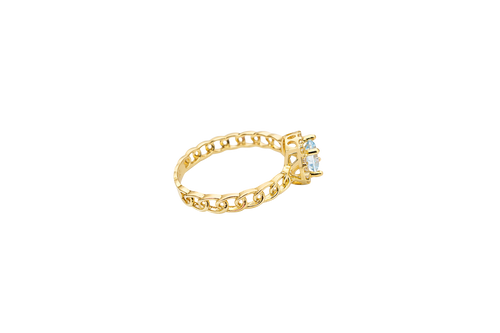 14KT Gold Ring Women's Round Light Blue Center with White CZ Stone Border Chino Link Band