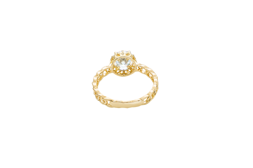 14KT Gold Ring Women's Round Light Blue Center with White CZ Stone Border Chino Link Band