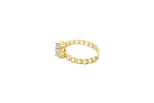 14KT Gold Ring Women's Round Light Blue Center with White CZ Stone Border Chino Link Band
