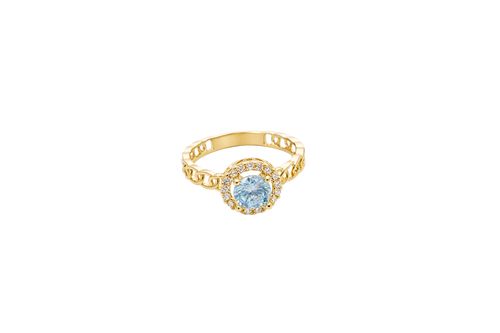 14KT Gold Ring Women's Round Light Blue Center with White CZ Stone Border Chino Link Band