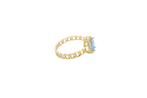 14KT Gold Ring Women's Oval Light Blue Center Stone with White CZ Stone Border Chino Band
