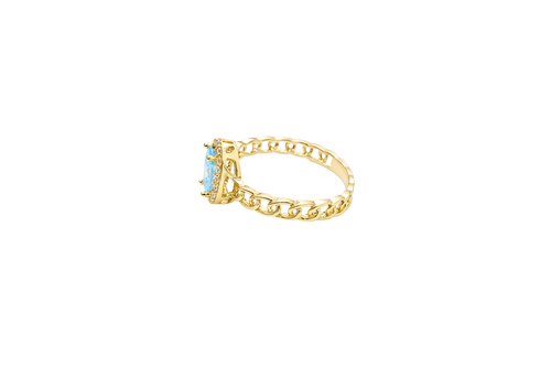 14KT Gold Ring Women's Oval Light Blue Center Stone with White CZ Stone Border Chino Band