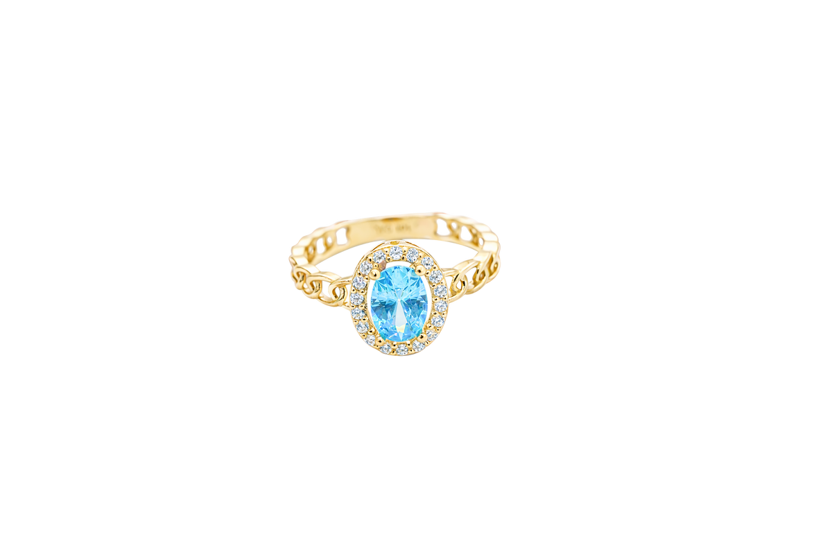 14KT Gold Ring Women's Oval Light Blue Center Stone with White CZ Stone Border Chino Band