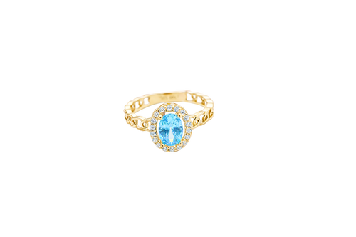 14KT Gold Ring Women's Oval Light Blue Center Stone with White CZ Stone Border Chino Band