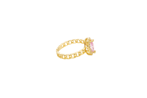 14KT Gold Ring Women's Marquise Pink Center Stone with White CZ Stone Border Chino Band