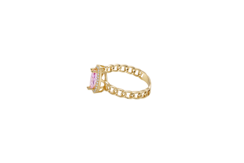 14KT Gold Ring Women's Marquise Pink Center Stone with White CZ Stone Border Chino Band