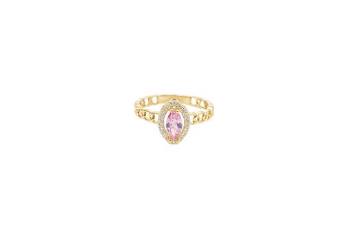 14KT Gold Ring Women's Marquise Pink Center Stone with White CZ Stone Border Chino Band