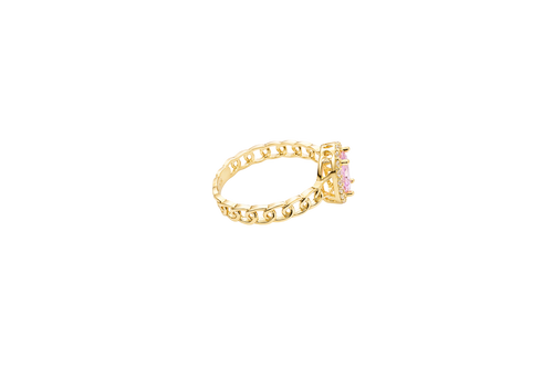 14KT Gold Ring Women's Oval Pink Center Stone with White CZ Stone Border Chino Band