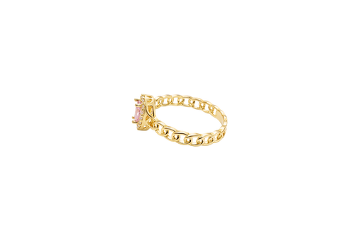 14KT Gold Ring Women's Oval Pink Center Stone with White CZ Stone Border Chino Band