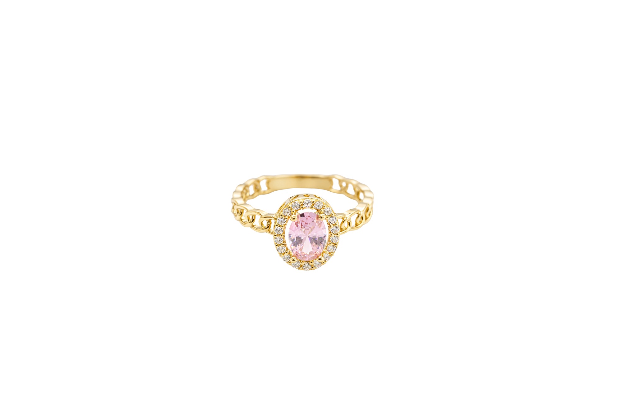 14KT Gold Ring Women's Oval Pink Center Stone with White CZ Stone Border Chino Band