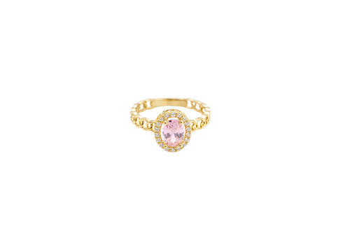 14KT Gold Ring Women's Oval Pink Center Stone with White CZ Stone Border Chino Band