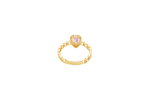 14KT Gold Ring Women's Pear Pink Center Stone with White CZ Stone Border Chino Band