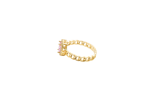 14KT Gold Ring Women's Pear Pink Center Stone with White CZ Stone Border Chino Band
