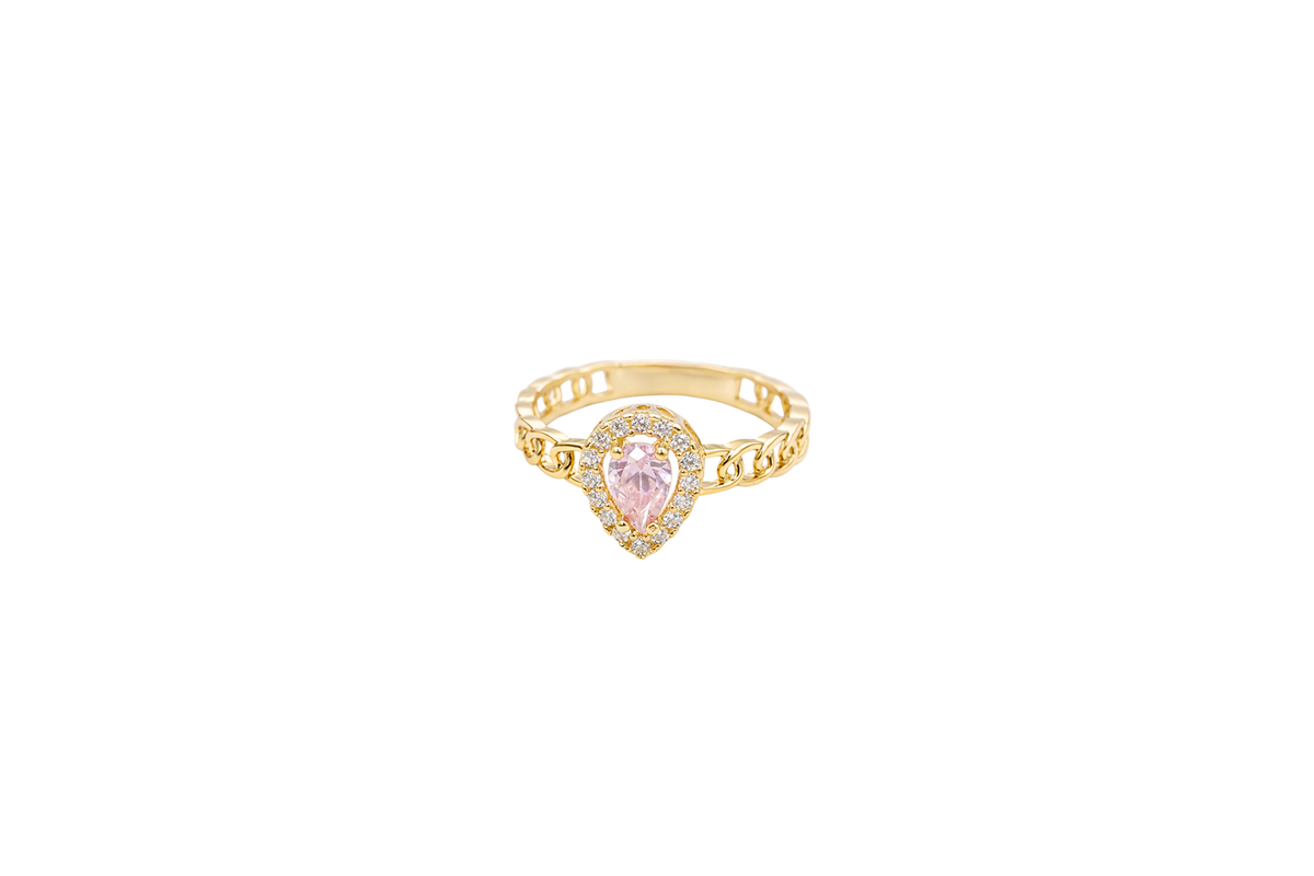 14KT Gold Ring Women's Pear Pink Center Stone with White CZ Stone Border Chino Band
