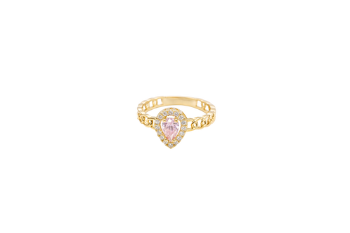 14KT Gold Ring Women's Pear Pink Center Stone with White CZ Stone Border Chino Band